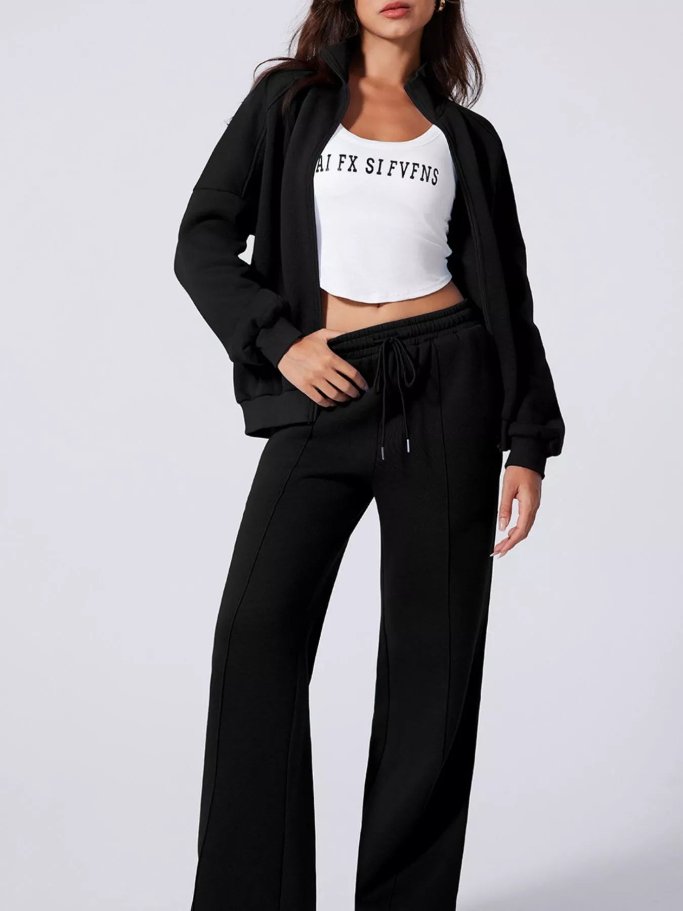 Drop Shoulder Zip Up Jacket and Drawstring Pants Active 2pcs Set Black OutfitFlow