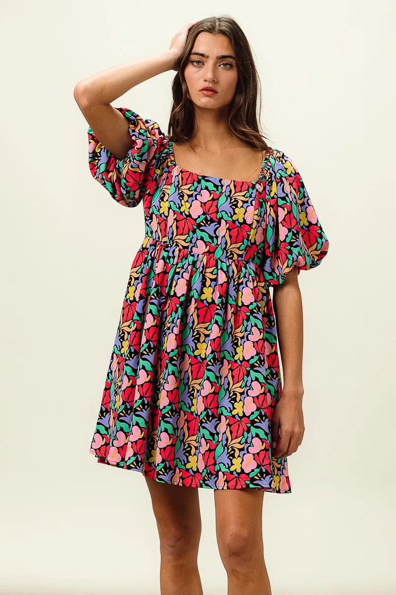 BiBi Floral Print Puff Square Neck Dress OutfitFlow