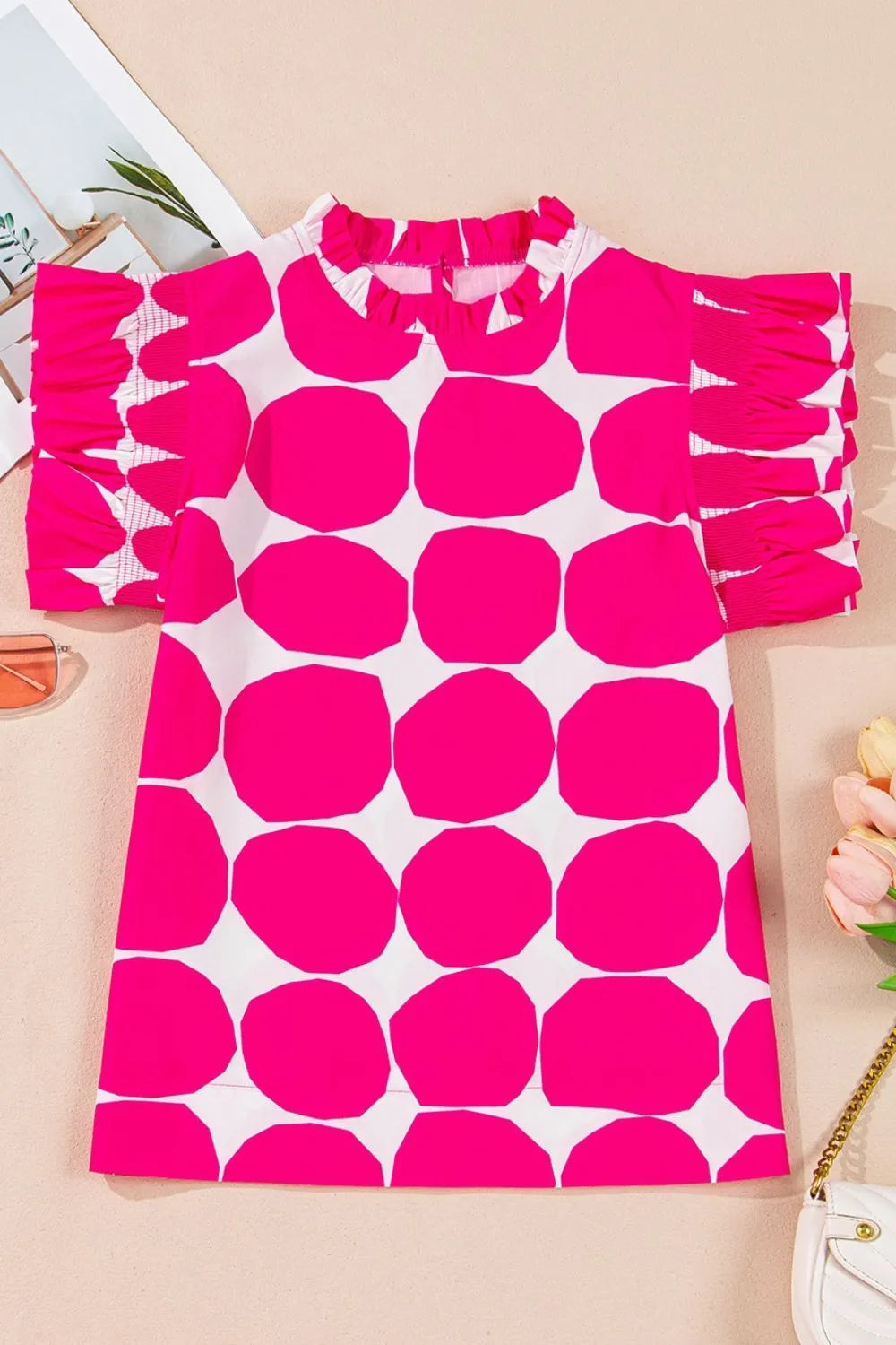 Bubblegum Pattern Frilled Collar Flutter Sleeve Top OutfitFlow