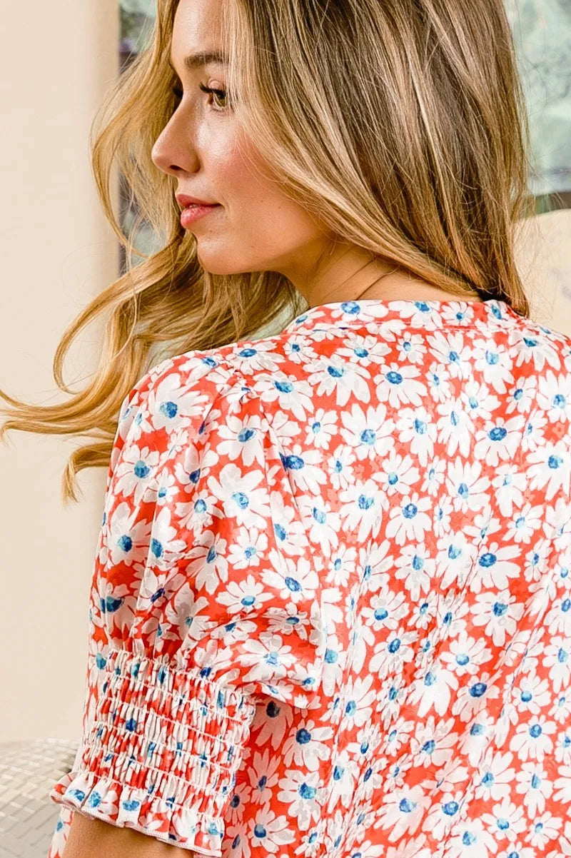 BiBi Floral Jqd Smoked Puff Sleeves V Neck Top OutfitFlow
