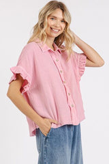 Mittoshop Mineral Washed Button Down Flounce Sleeve Shirt OutfitFlow