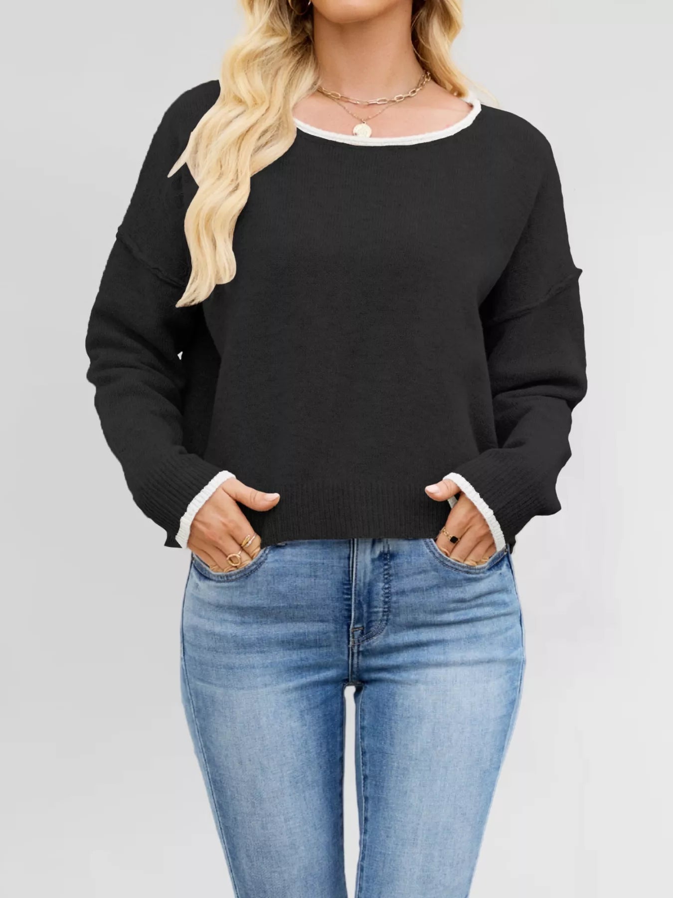 Round Neck Dropped Shoulder Sweater Black OutfitFlow