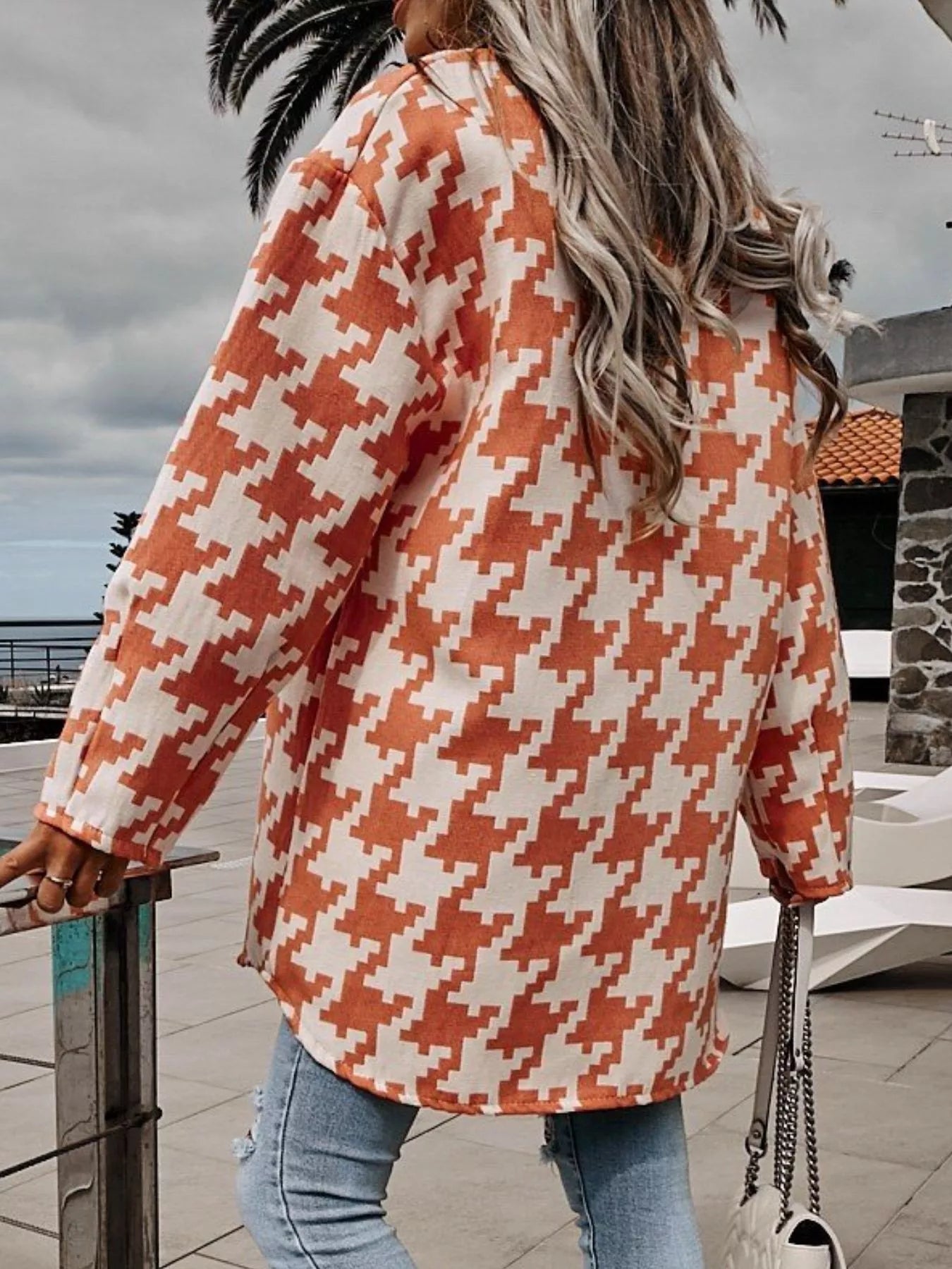 Houndstooth Button Up Long Sleeve Outerwear OutfitFlow