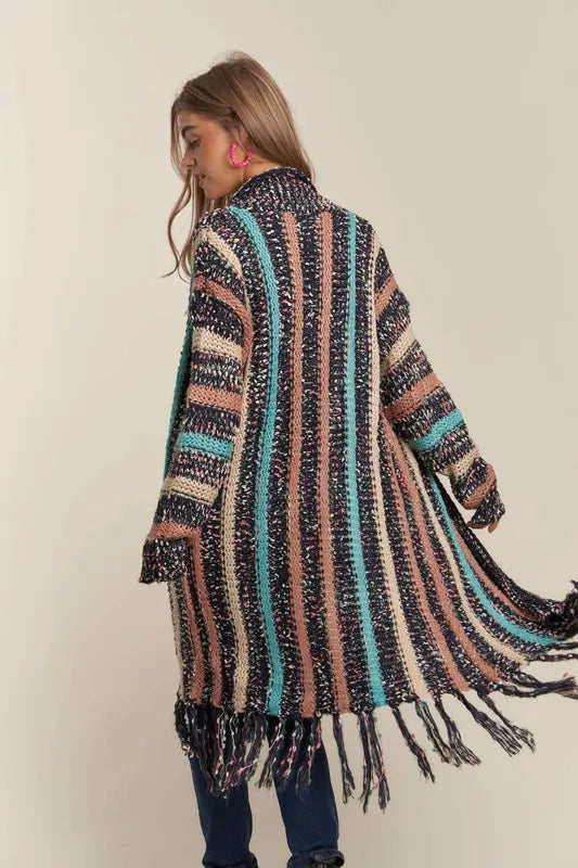 ADORA Multi Colour Sweater Long Cardigan with Fringes OutfitFlow