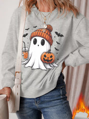 Halloween Ghost Round Neck Sweatshirt Gray OutfitFlow