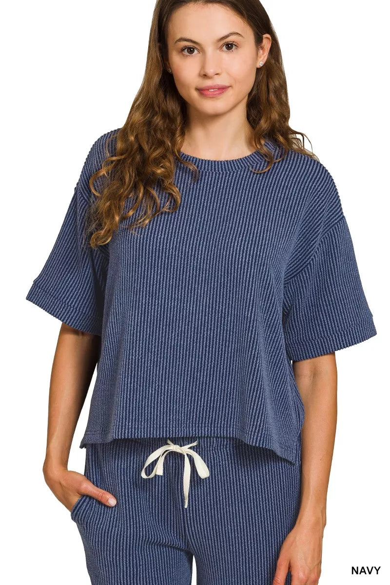 Zenana Raised Rib Short Sleeve Tee & Pants Set OutfitFlow