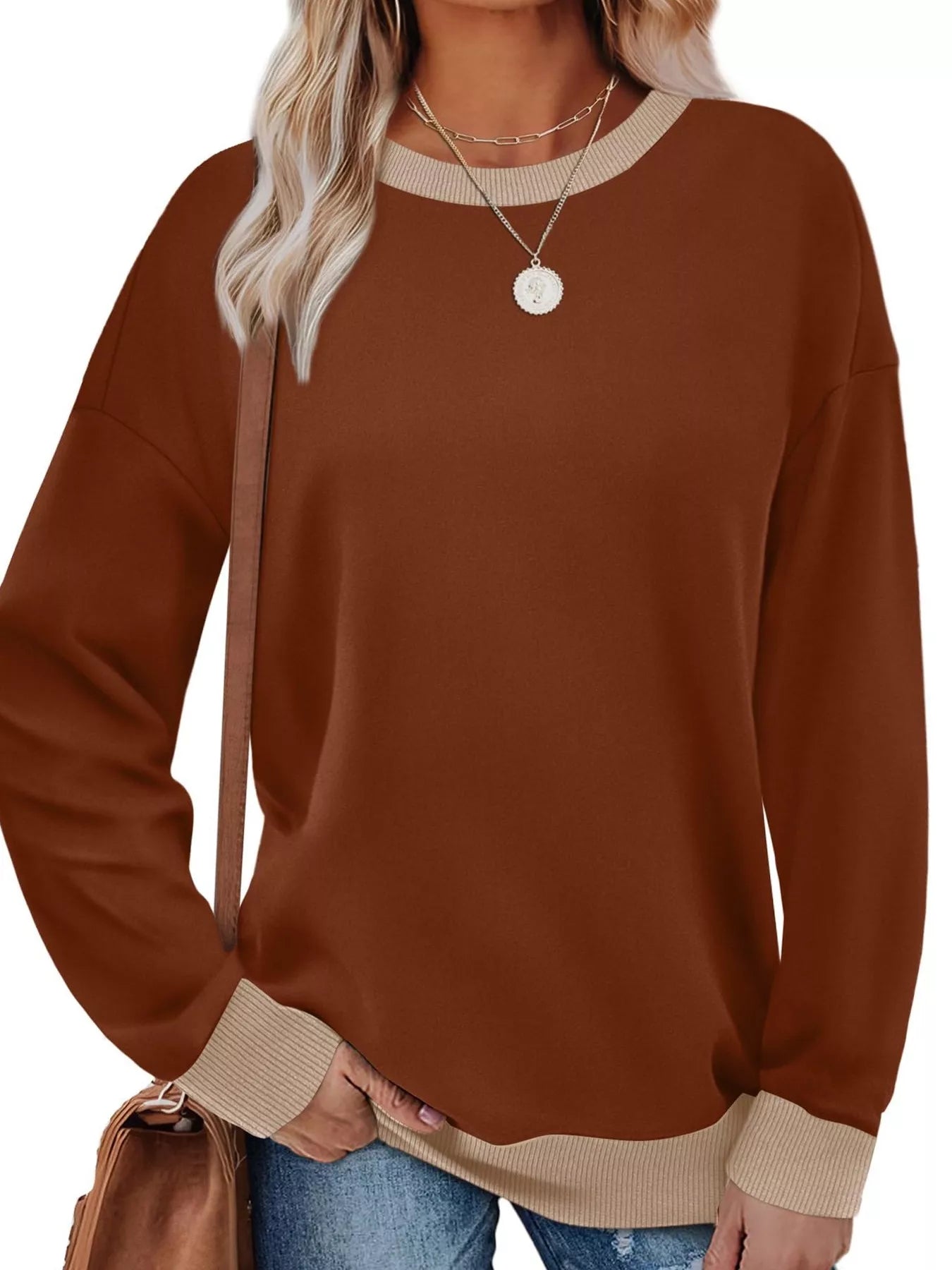 Contrast Trim Crew Neck Casual Sweatshirt Dark Brown OutfitFlow