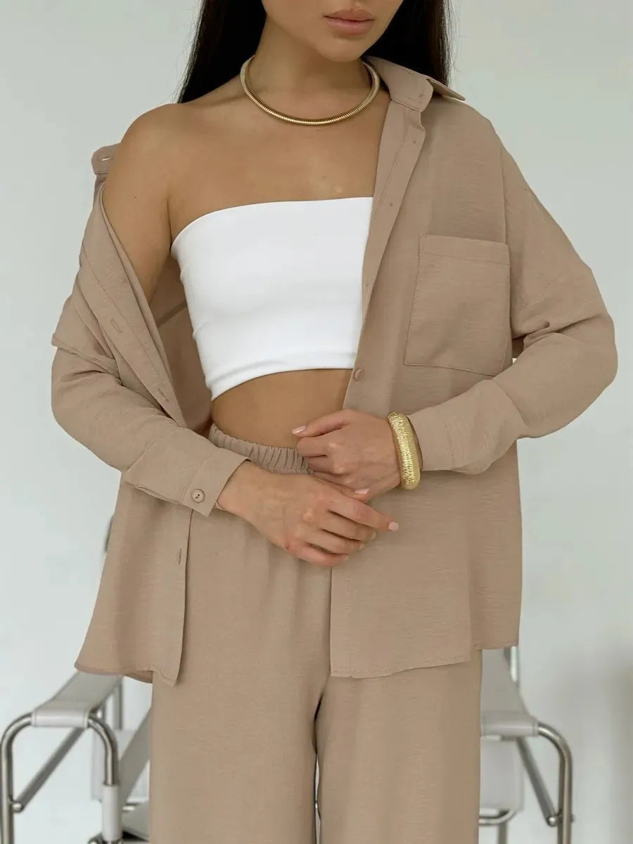 Button Up Long Sleeve Shirt and Pants Set Camel OutfitFlow