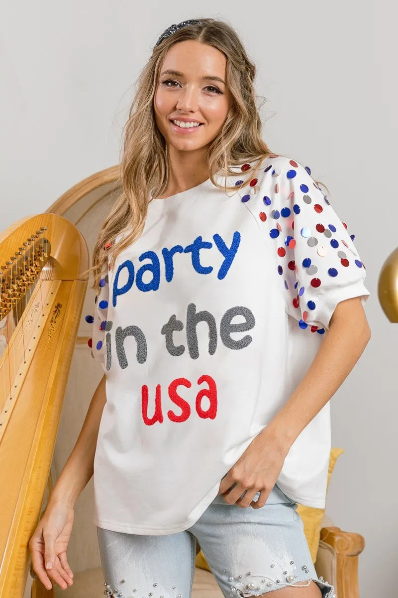 BiBi Party In The Usa Spangle Puff Sleeves Top OutfitFlow