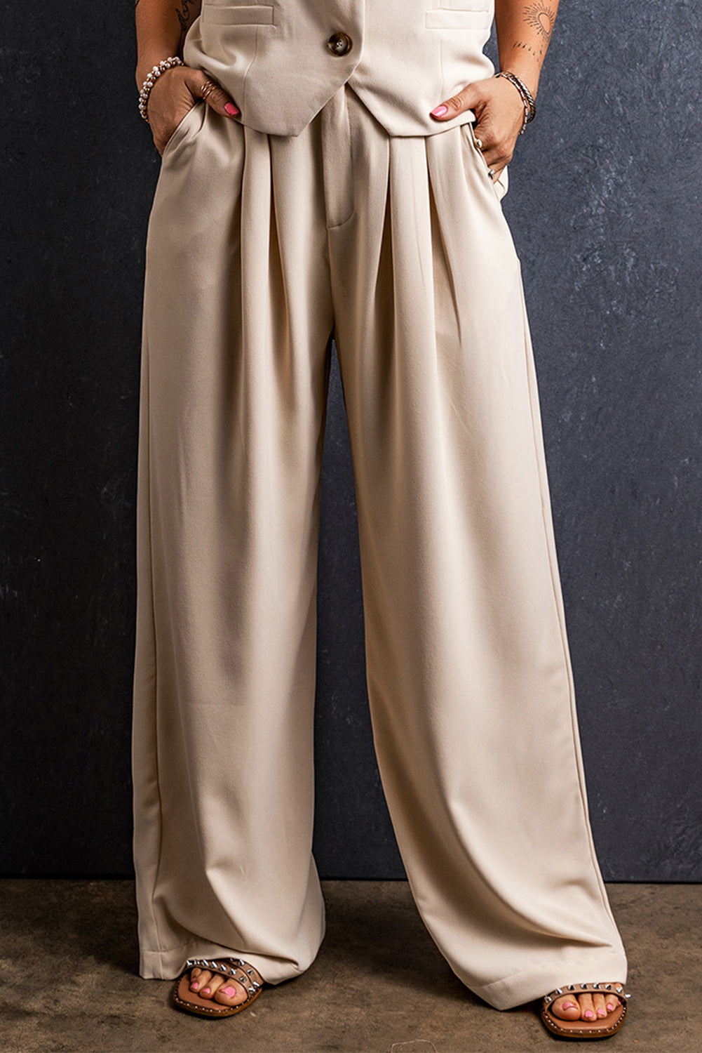 Outfit Flow - Ruched Wide Leg Pants with Pockets