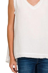 Zenana Double Gauze Raw Edge V-Neck Tank OutfitFlow