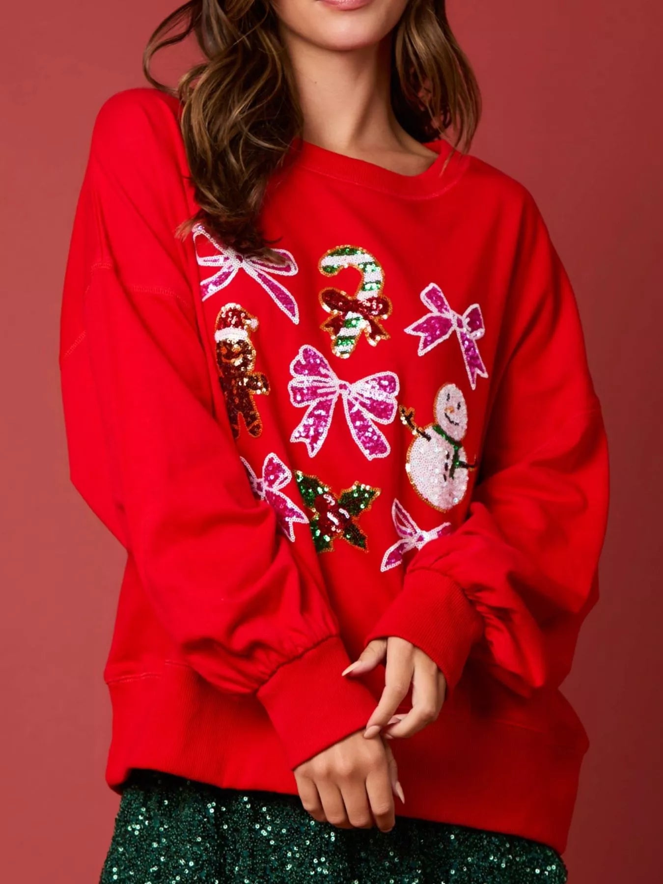Christmas Sequin Bow Round Neck Sweatshirt OutfitFlow