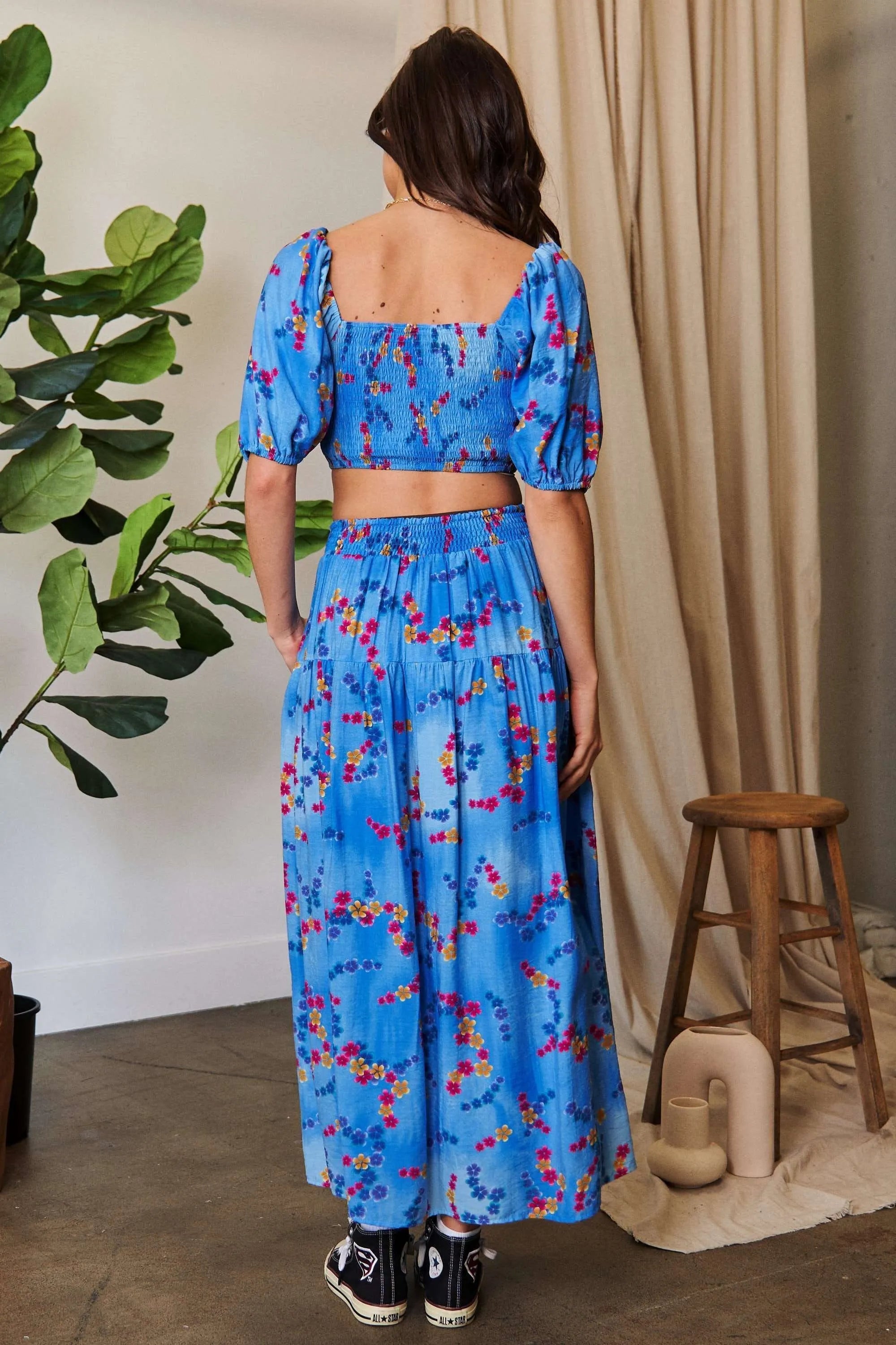 Davi & Dani Printed Smocking Waistband Ruffled Maxi Skirt OutfitFlow