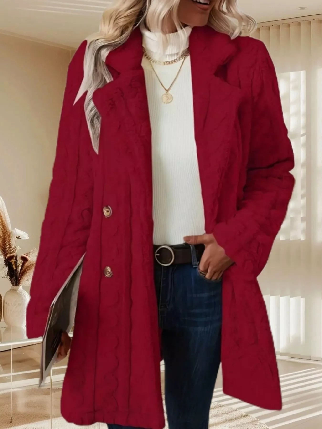 Double-Breasted Fleece Longline Coat Burgundy OutfitFlow