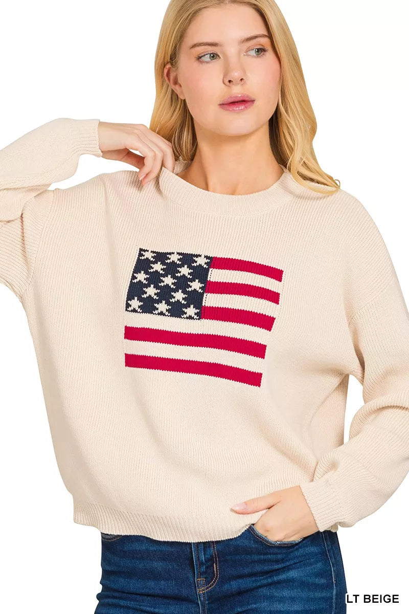 Zenana American Flag Crew Neck Sweater OutfitFlow