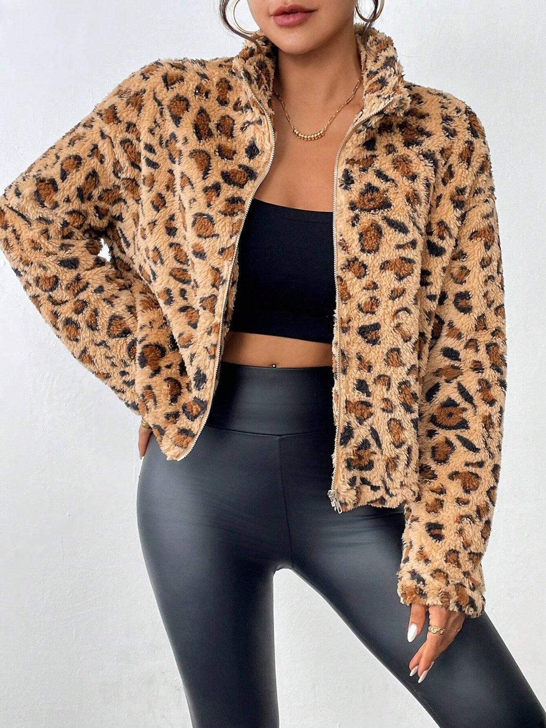 Outfit Flow - Fuzzy Turtleneck Leopard Zip Up Jacket