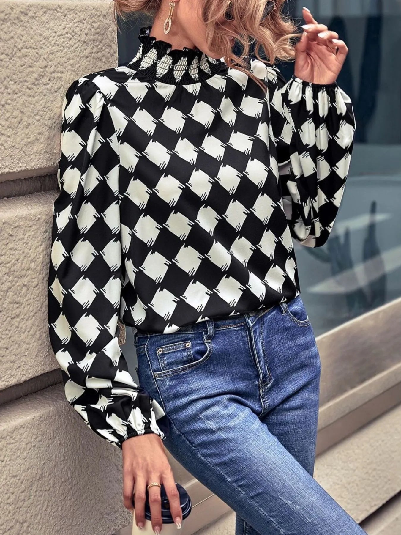 Checkered Pattern Balloon Sleeve Blouse OutfitFlow