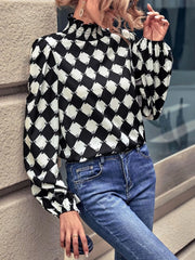 Checkered Pattern Balloon Sleeve Blouse OutfitFlow
