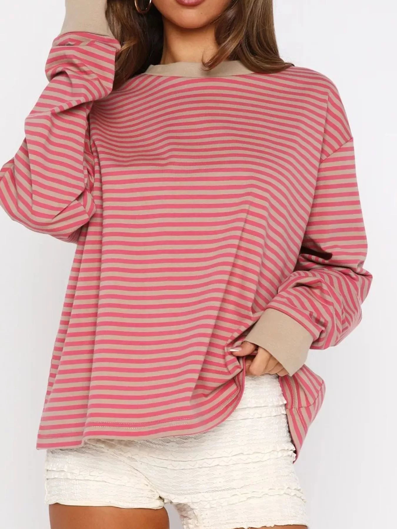 Striped Oversized Round Neck Sweatshirt Coral OutfitFlow