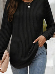 Ribbed Texture Round Neck Long Sleeve Rounded Hem Knit Top OutfitFlow