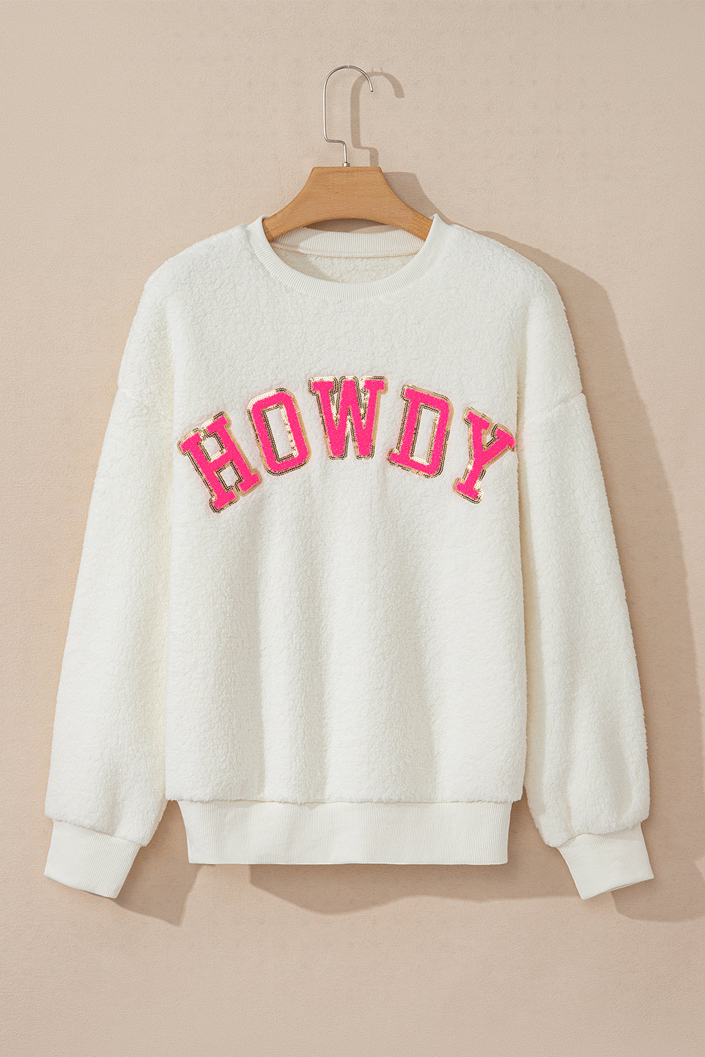 Outfit Flow - HOWDY Patched Round Neck Sherpa Sweatshirt