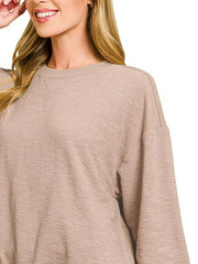 Zenana Slub Long Sleeve Top and Shorts Set Trendsi