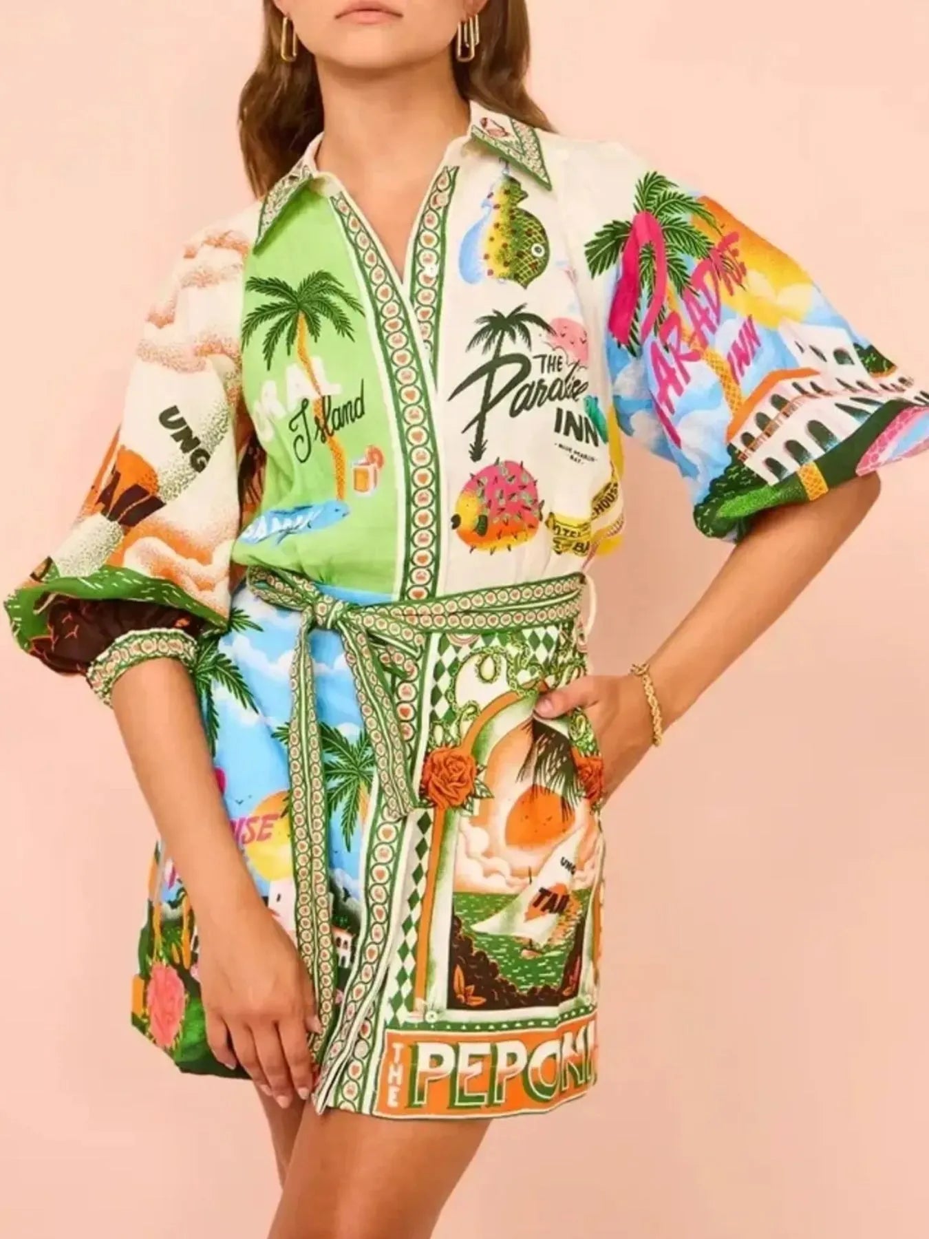 Tropical Print Button Up Shirt Dress OutfitFlow