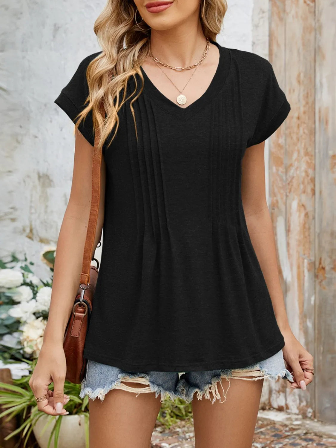 Casual V-Neck Pleated Front T-Shirt Black OutfitFlow