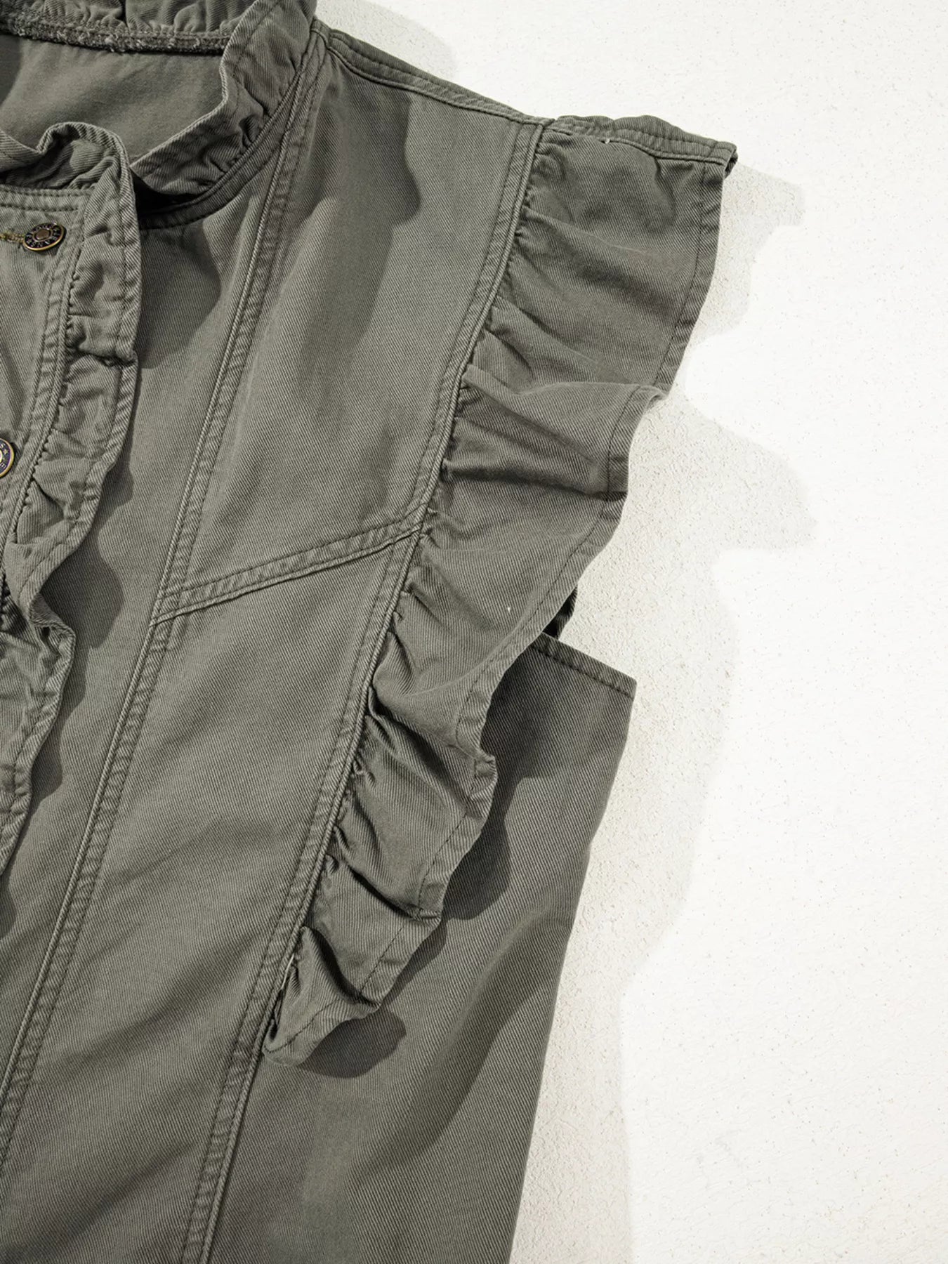 Ruffled Patchwork Denim Jacket Vest OutfitFlow