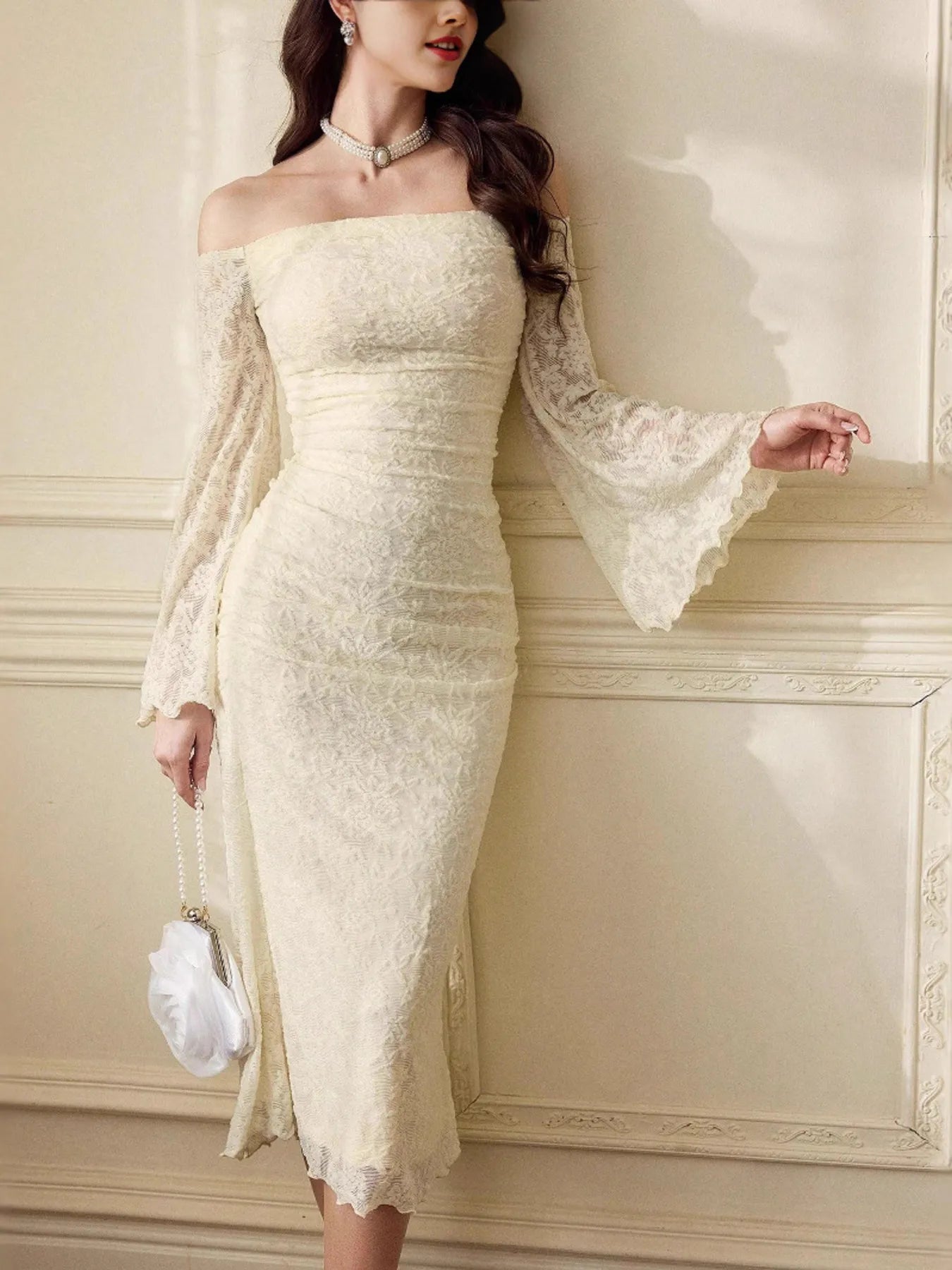 Off-Shoulder Flare Sleeve Dress OutfitFlow