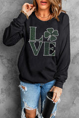 LOVE Rhinestone Clover Round Neck Sweatshirt OutfitFlow