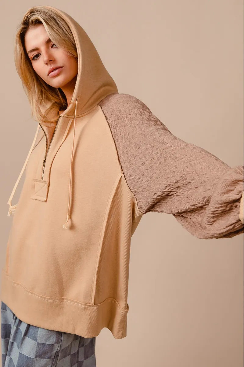 BiBi Half Zip French Terry Hoodie with Kint Sleeves OutfitFlow