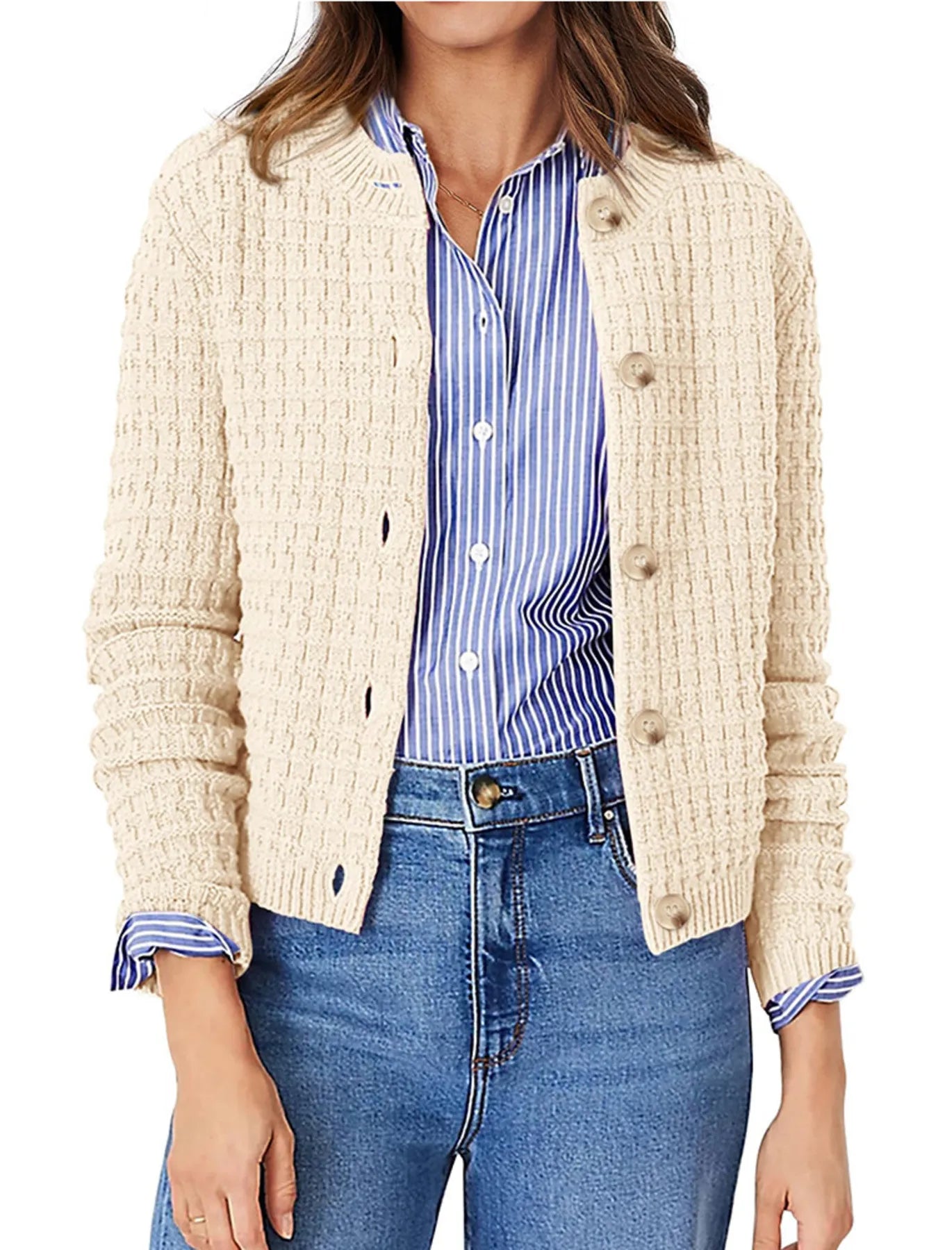 Textured Knit Button-Front Cardigan OutfitFlow