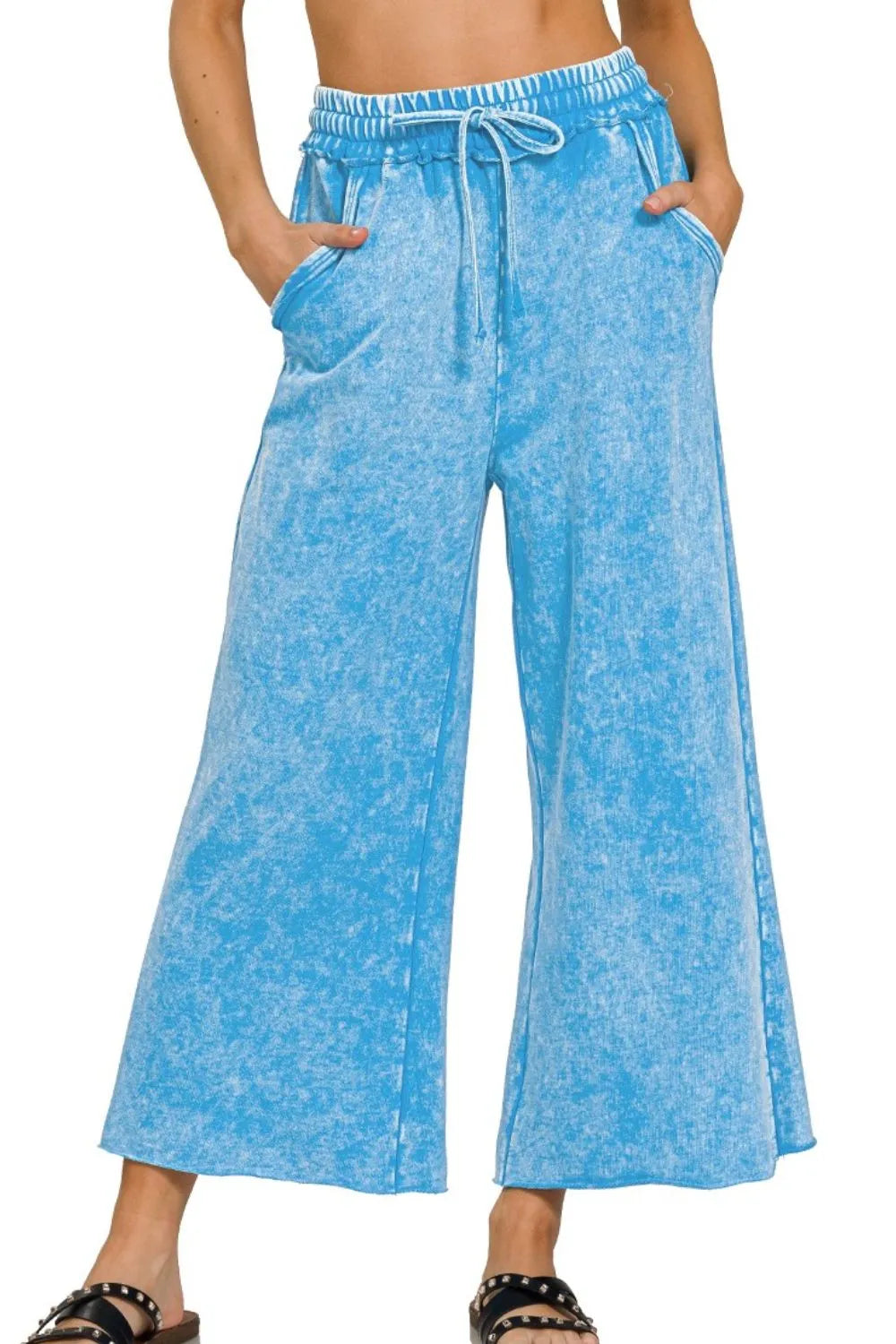Zenana Washed French Terry Palazzo With Pockets DEEP SKY OutfitFlow
