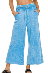 Zenana Washed French Terry Palazzo With Pockets DEEP SKY OutfitFlow