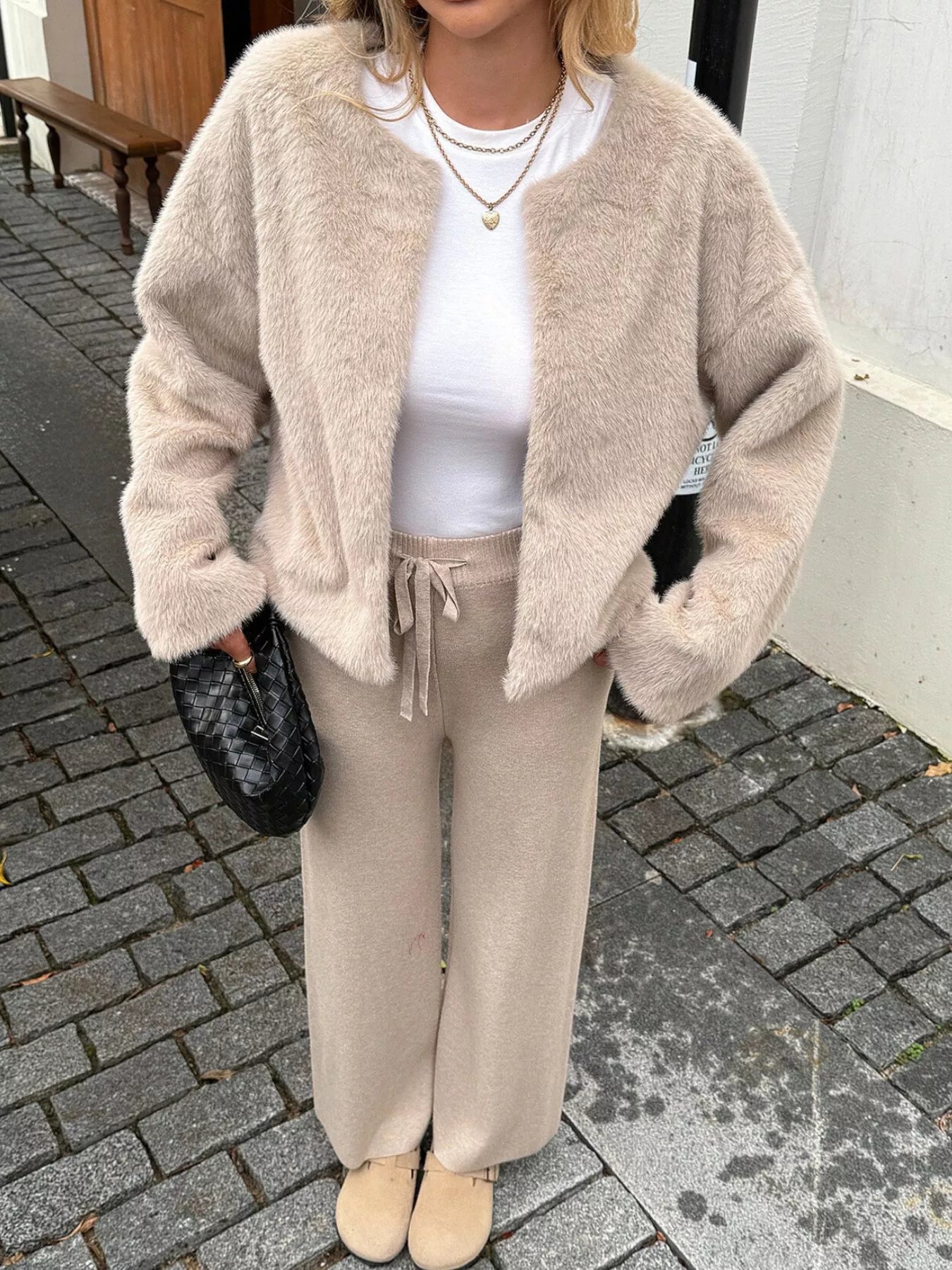 Open Front Dropped Shoulder Fuzzy Outerwear OutfitFlow