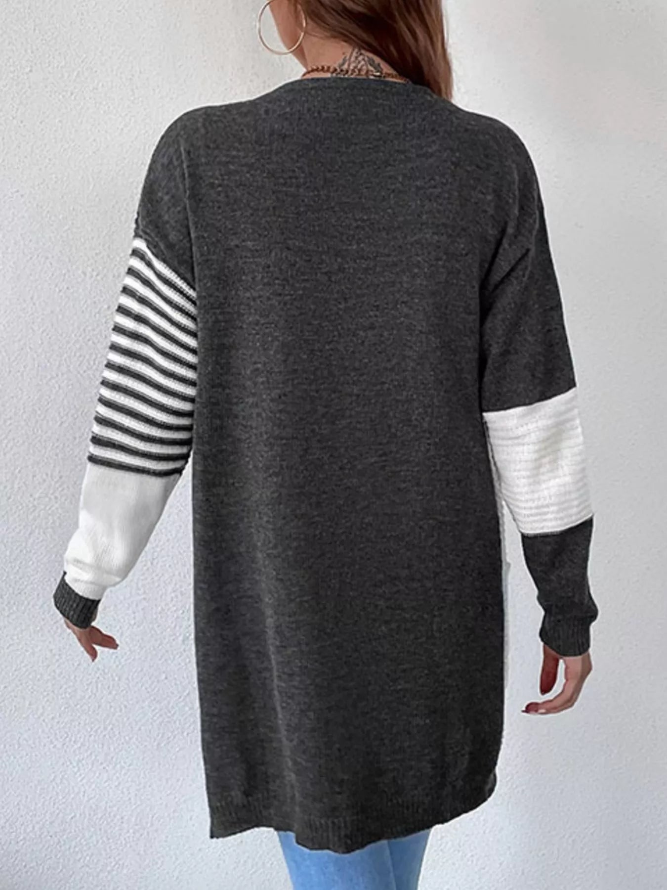 Striped Color Block Open Front Cardigan OutfitFlow