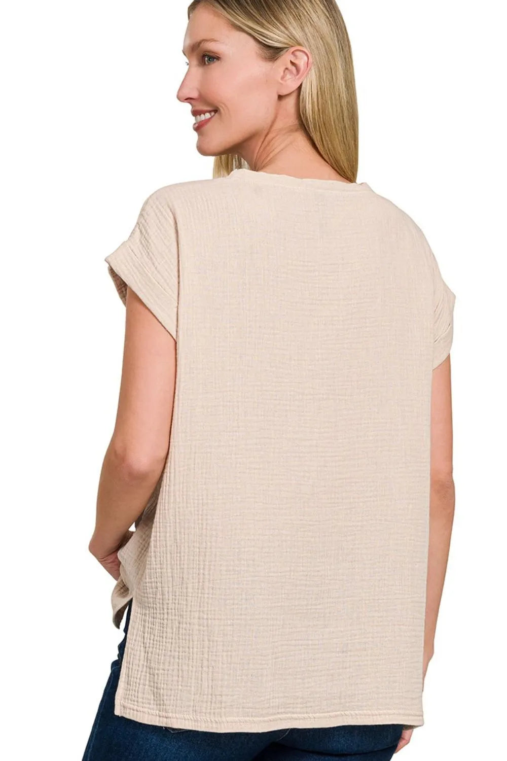 Zenana Double Gauze Round Neck Folded Short Sleeve Top OutfitFlow