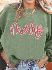 Merry Letter Christmas Sequined Twisted Ribbed Sweatshirt OutfitFlow