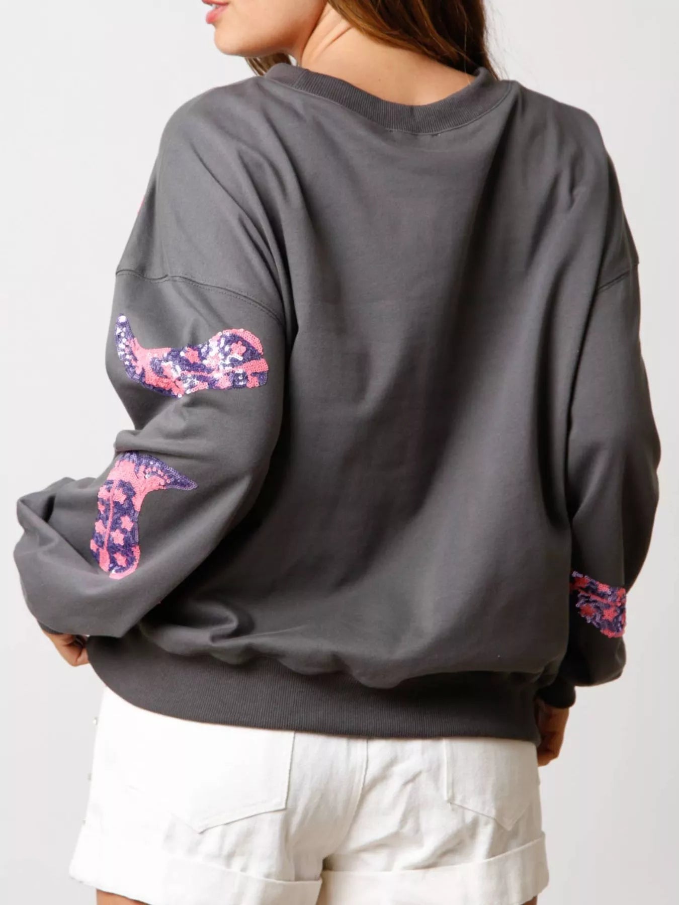 Sequin Boot Crewneck Sweatshirt OutfitFlow
