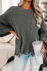 Outfit Flow - Distressed Round Neck Drop Shoulder Sweater