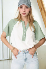 Color Block Raglan Short Sleeve Half Buttons High Low T Shirt OutfitFlow