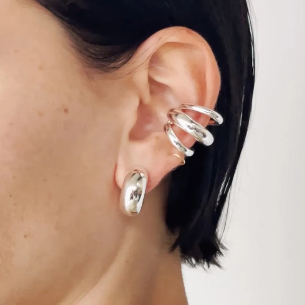 Stainless Steel Layered Cuff Earrings Silver One Size OutfitFlow