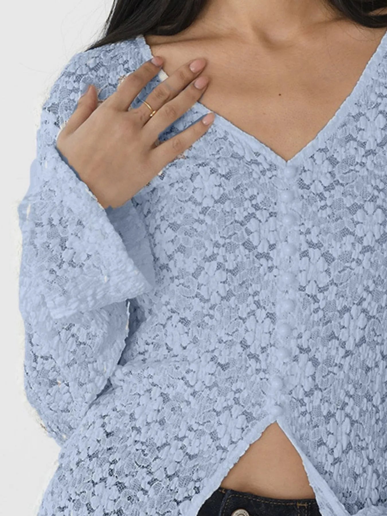Lace V-Neck Flare Sleeve T-Shirt OutfitFlow