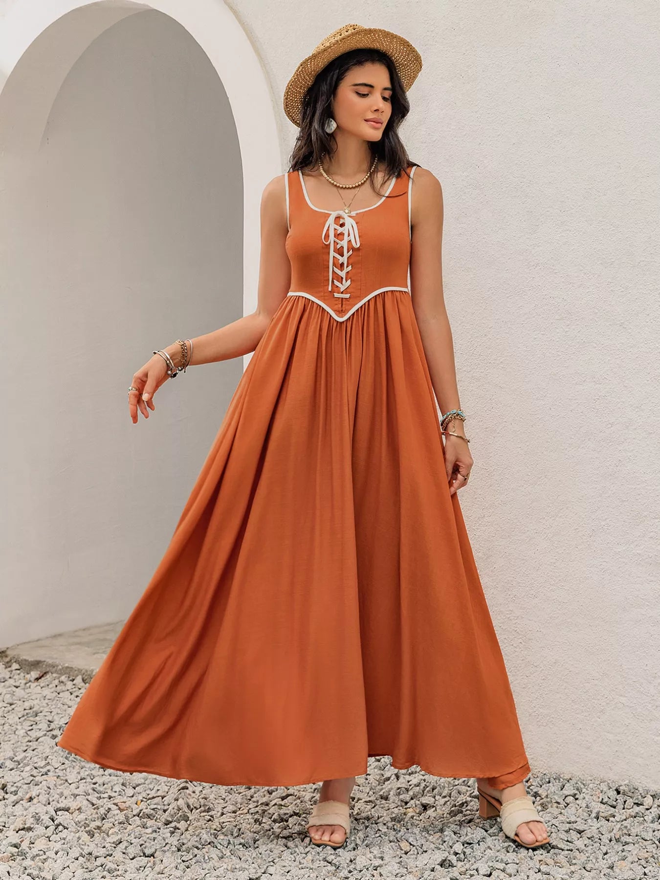 Contrast Trim Lace-Up Maxi Tank Dress OutfitFlow