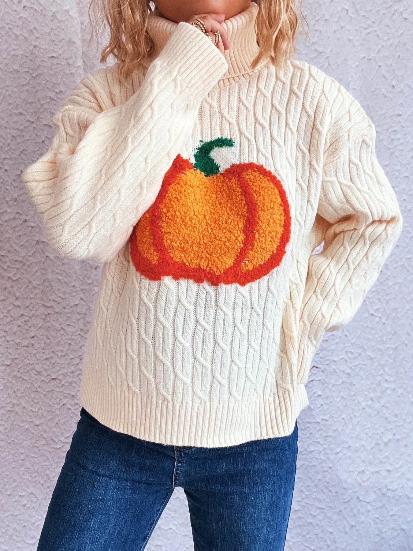 Pumpkin Turtleneck Long Sleeve Sweater OutfitFlow