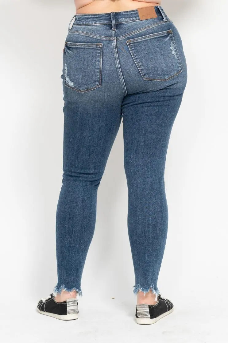 Judy Blue Plus Size High Waist Skinny with Destroy & Shark Bit Hem OutfitFlow