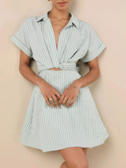 Striped Cutout Front Short Sleeve Shirt Dress OutfitFlow