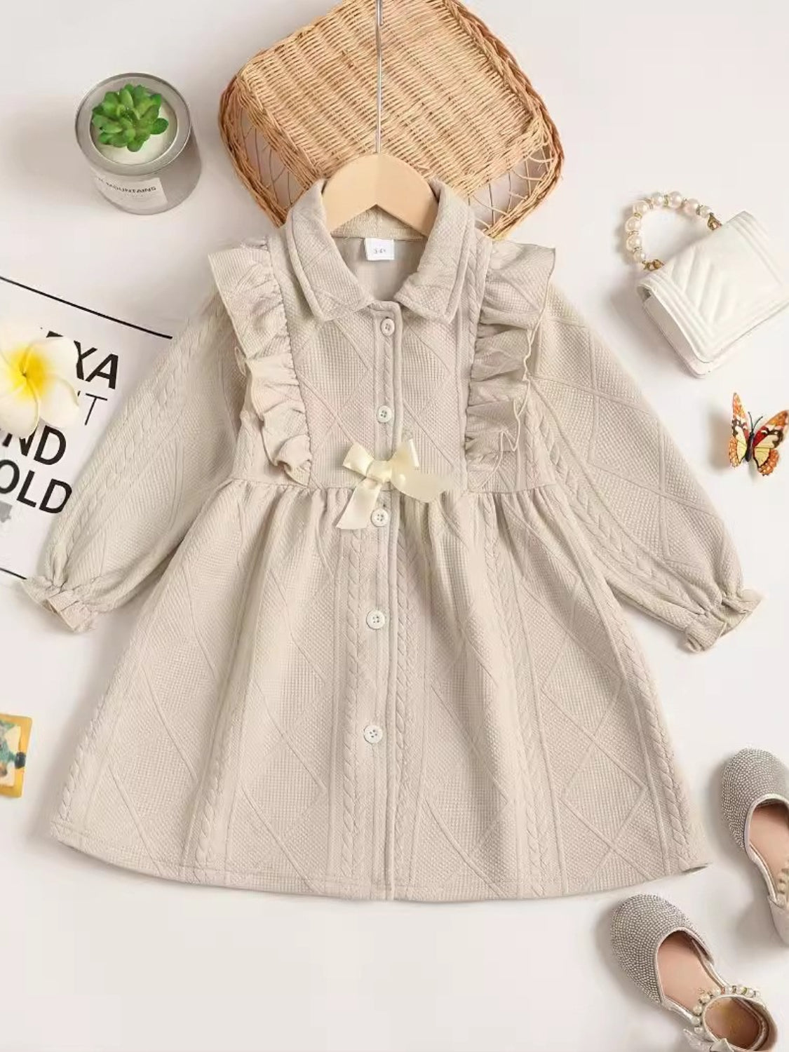 Children's Ruffled Bow Collared Neck Dress Beige OutfitFlow