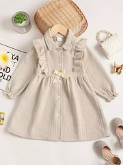 Children's Ruffled Bow Collared Neck Dress Beige OutfitFlow